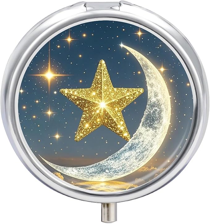 Golden Stars and Moon Pill Box Travel Pill Case for Purse Pocket Weekly Medicine Organizer with Mirror 3 Compartment Round Medicine Case Portable PillcaseHolder for Daily