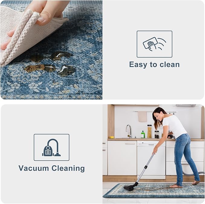 KIMODE Kitchen Mats Cushioned Anti Fatigue, Boho Oriental Kitchen Rugs Sets of 2, Blue Kitchen Mats for Floor, Padded Kitchen Floor Mat, Non Slip Standing Desk Mats for Sink Laundry Office