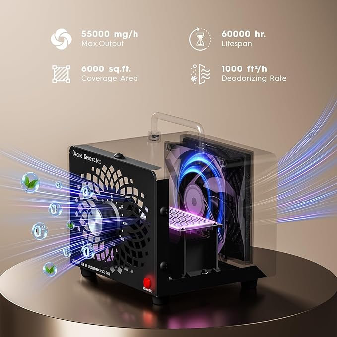 2026 Upgraded Ozone Generator, High Capacity Ozone Machine Odor Removal Up to 6000 Sq.Ft, for Car/Home/Smoke/Pet Odor, Black