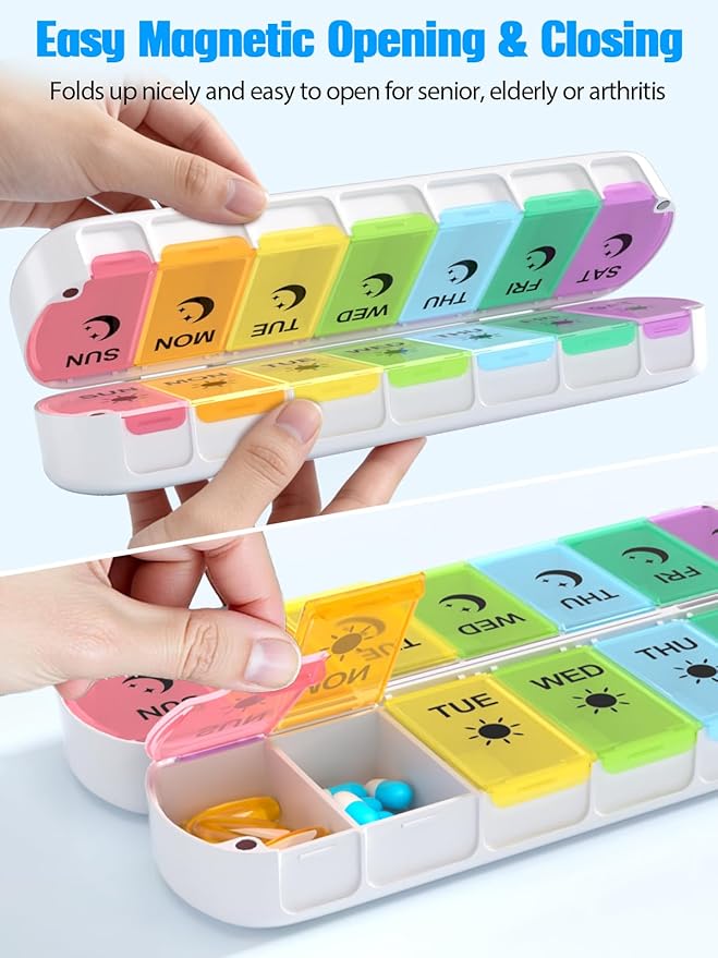 Magnetic Foldable Weekly Pill Organizer 2 Times a Day,Gelibo 7 Day AM PM Pill Box with Dual-Protection,BPA-Free Large Travel Pill Case for Vitamins/Fish Oils/Supplements,Easy to Open for Arthritis