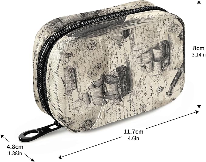 Beige Pirate Skull Flags Sailing Ships Travel Pill Organizer Case Box Container Weekly Portable Vitamin Medicine Holder Storage Bag with Zipper Removable