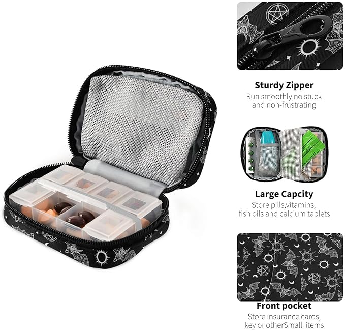 Travel Pill Organizer Bag Weekly Pill Organizer Case Bats Moons and Stars Portable Small Daily Pill Boxes for Vitamin Fish Oils Supplement Holder with Zipper Compact Size