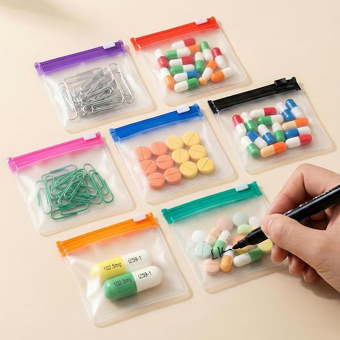Goaste 56 Pack Pill Pouch Bags, Zippered Translucent Medicine Organizer, Reusable Travel Self Sealing Vitamine Baggies, Plastic Clear Storage Pouches with Slide Lock for Pills, Small Crafts, Beads