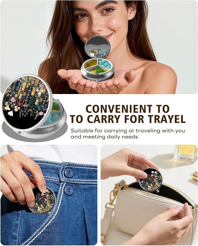 LRITER Pill Case, Portable Travel Pill Box, Pillbox Organizer, Cute Small Medicine Storage Container, Purse Accessories for Women, Men (Books and Flowers)