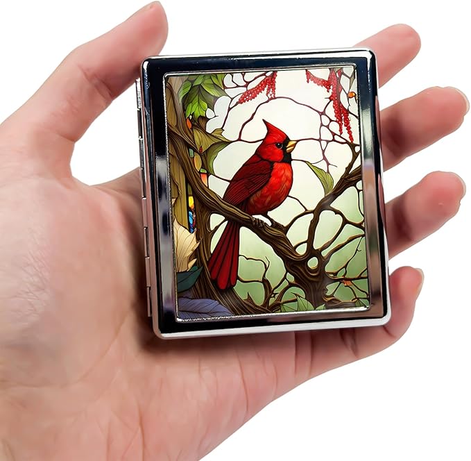 Travel Pill Organizer Small Pill Case for Purse Essentials 7 Days Cute Pill Box with Mirror Portable Pill Box for Pocket or Purse Pill Containe Travel Gifts (Cardinal Stained Glass)