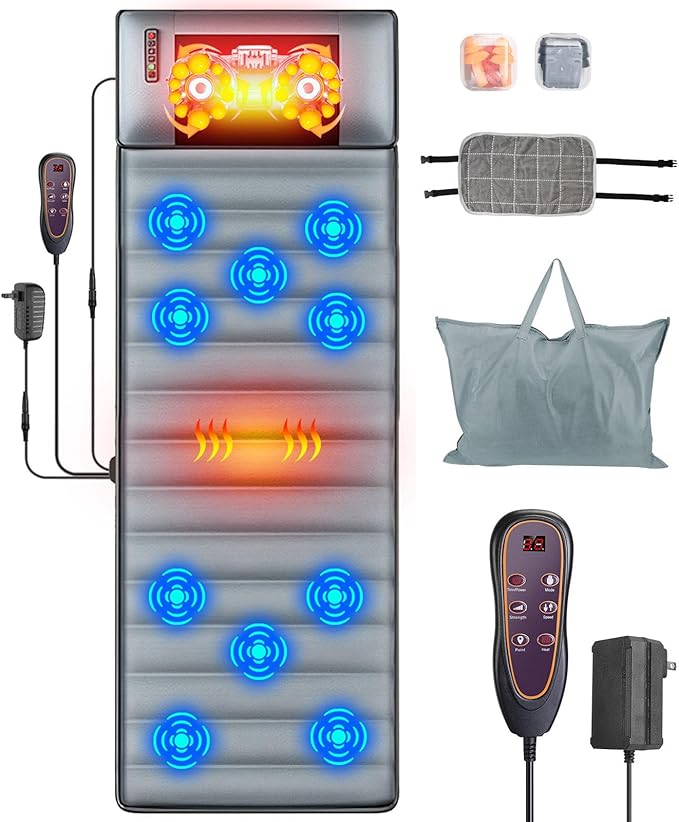 Full Body Massage Mat with Heat & Movable Shiatsu Neck Back Massager Pillow, Upgraded Massage Mattress Pad with 10 Vibration Motors,9 Massaging Mode,2 Heating Pad,for Back Neck Leg Pain Relief