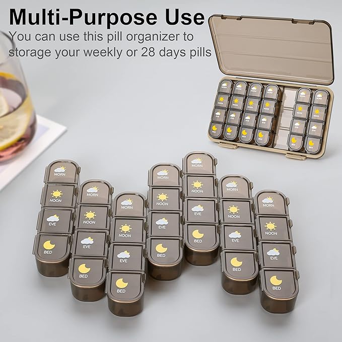 Pill Organizer 4X A Day, Pill Box 7 Day, Acedada Weekly (4 Times A Day) Travel Medicine Organizer Box, Large Pill Container Case Vitamins Holder Pill Dispenser, Brown