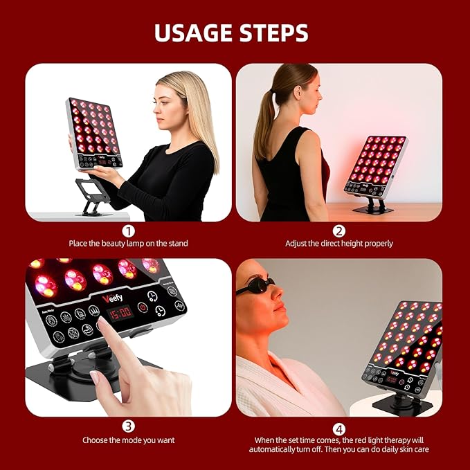 Red Light Therapy Panel for Face & Body – 660nm Red, 850nm Infrared, 590nm Yellow & 415nm Blue LED Light Therapy Device with Timer & Auto/Manual Modes Remote Control