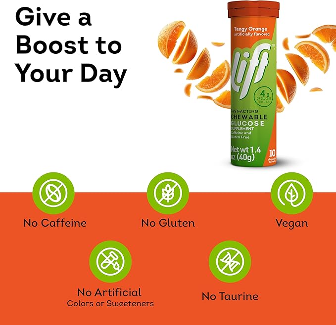 Lift Glucose Fast-Acting Glucose Chewable Energy Tablets, Orange, 10 ct Tube (Pack of 12)