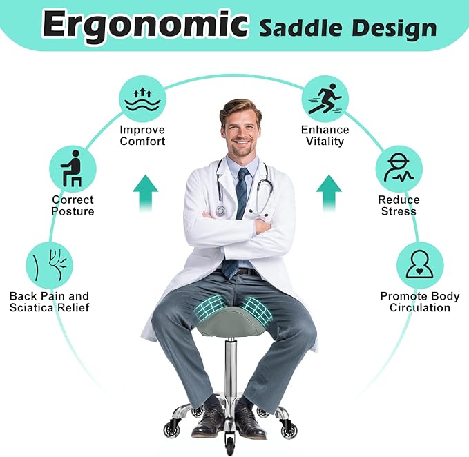 Saddle Stool with wheels Ergonomic - Heavy Duty 400lbs, Upgraded Thick Saddle Cushion, Healthy Posture Correction, Swivel Adjustable Rolling Saddle Stool, Saddle Chair for Salon Massage Home (Gray)