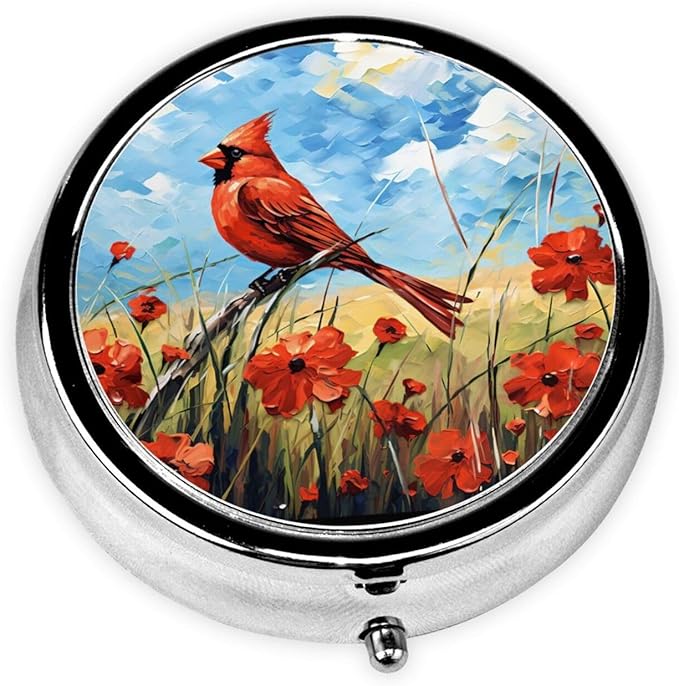 Flower Poppy Cardinal Pill Box 3 Compartment Pill Case, Portable Medicine Pill Organizer for Pocket Purse Pill Box Decorative Metal Medicine Vitamin Organizer