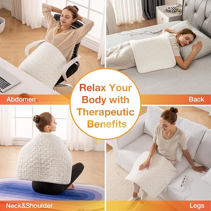 Woomer Faux Fur Electric Heating Pad for Back Pain Relief, Extra Large 20” x 24”, Extended Coverage from Neck to Hip, Two-Sided, Moist Mode, ETL Certified, 6 Adjustable Heats & 2H Auto-Off,White