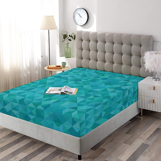 Decorative Bedding Sheet Set Twin XL Size, Teal Deep Pockets Fitted Sheet & 2 Pillow Sham Set, Geometrical Shapes Triangles Squares Modern Print Microfiber 3pc Bed Sheets Set, for Boys & Girls Bedding