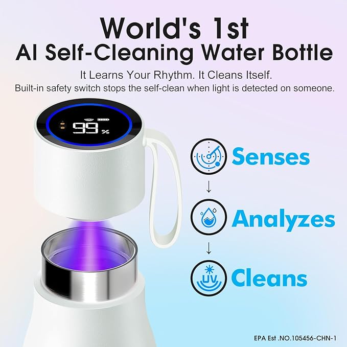 VSITOO 15oz Mini Smart Water Bottle，Self-Cleaning Insulated Bottle, Small Thermoses with AI, App & Touchscreen, Perfect Purse Water Bottle for Travel, Gym & Office, White
