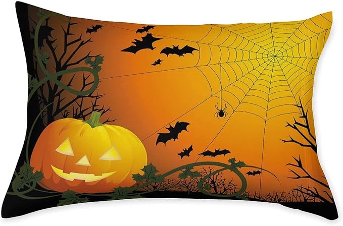 Decorative Fitted Sheet Set Twin Size, Spider Web Deep Pockets Fitted Sheet & 2 Pillow Sham Set, Halloween Themed Pumpkin Leaves Trees Web and Bats Printed Microfiber Bedding 3pc Set,for Mattress