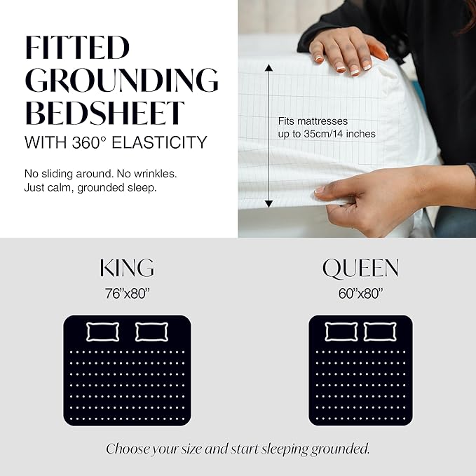 Grounding Sheets Queen Size 60x80x13.5 Inches, Organic Cotton with Silver, White Grounded Sheets Queen Size for Overall Improved Wellbeing, with 15 ft Grounding Cord
