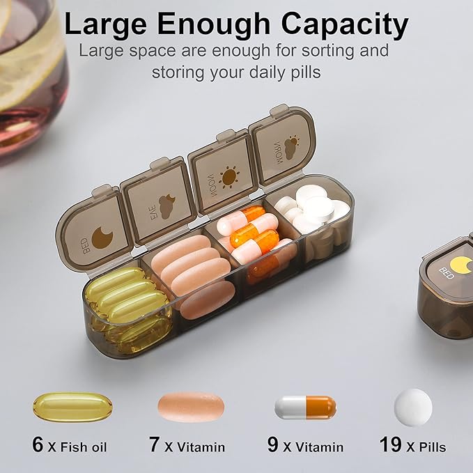 Pill Organizer 4X A Day, Pill Box 7 Day, Acedada Weekly (4 Times A Day) Travel Medicine Organizer Box, Large Pill Container Case Vitamins Holder Pill Dispenser, Brown