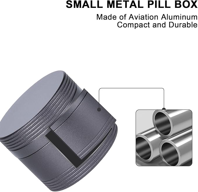 Small Pill Case Metal Pill Box - Waterproof Pill Container Single Round Aluminum Alloy Storage Medicine Holder Organizer Multitool EDC Every Day for Vitamin, Fish Oil Gray