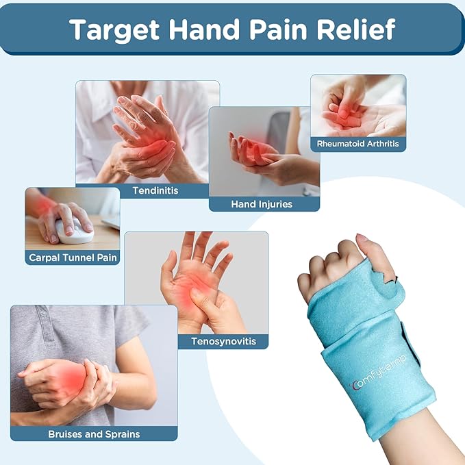 Comfytemp Wrist Ice Pack Wrap for Carpal Tunnel Relief, Wrist Brace for Hand Pain, Gel Ice Packs for Injuries Reusable, Hot Cold Compression for Tendonitis, Tenosynovitis