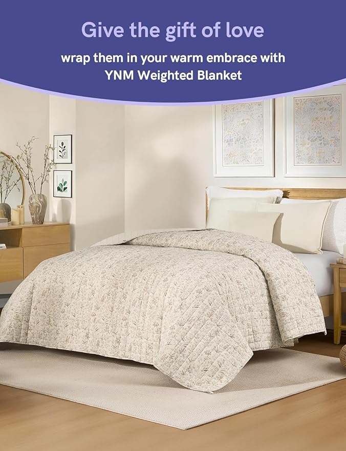 YnM 10lbs Weighted Blanket for Adults, Linen Heavy Bed Throw Blanket with Cooling Glass Beads for All Season Use, Ideal for ~90lbs (48x72 Inches, Twin/Full, Botanical)