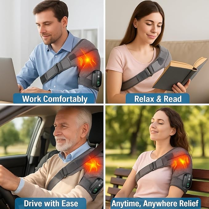 Shoulder Heating Pad with Massage Cordless, Shoulder Massager for Pain Deep Tissue, Heated Shoulder Wrap with Massage, Heat Pad for Pain