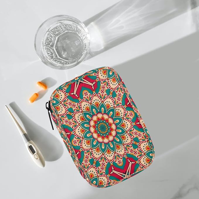 Boho Pattern Mandala Pill Case Everyday Travel, 7 Day Weekly Medicine Pill Box Compact Portable Pills Bottle Organizer with Zipper for Daily Vitamin Medicine Holder Bottle Organizers Bag