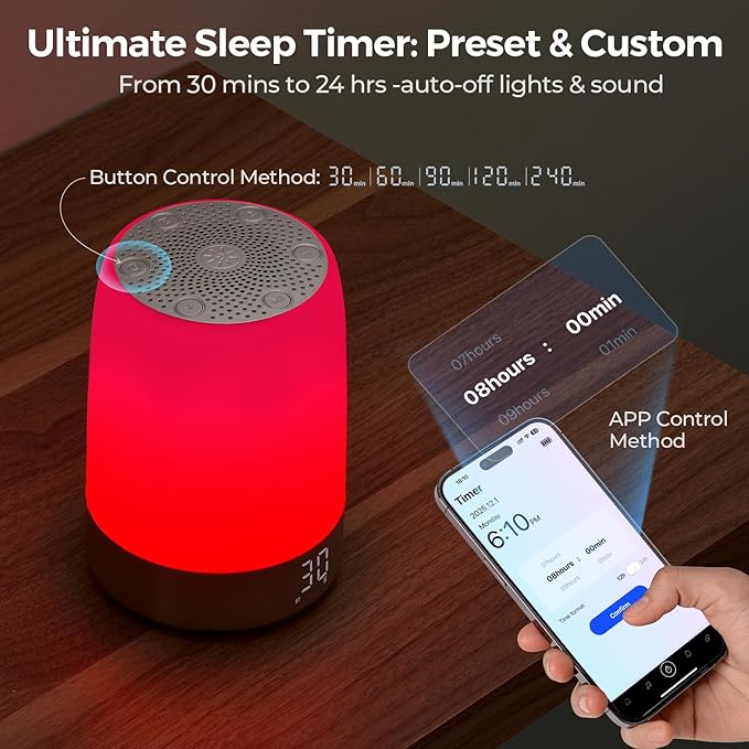 Smart Red Light Therapy Lamp & Sleep Sound Machine for Bedroom with Alarm Clock, 32 White Noises Sound Machine, Night Light with App Control, 5-Level Red Light (620–690nm), 2600mAh Battery（Large）