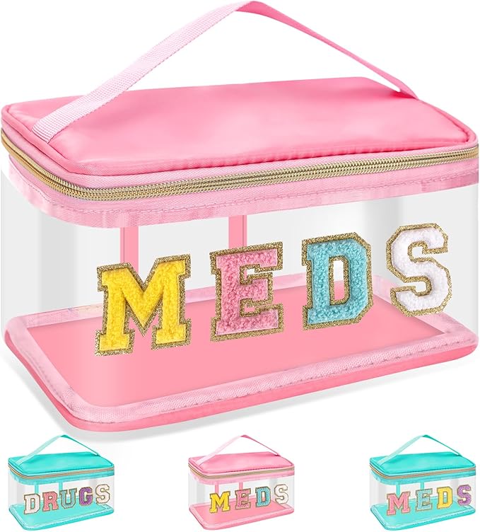 Chenille Letter MEDS Makeup Pouch, Waterproof Portable Medicine Organizer for Travel, Preppy Small Zipper Pouch with Handle, Nylon Nurse Toiletry Bag (MEDS-Pink)