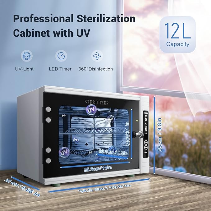 UV Sanitizing Cabinet (12L) Large Capacity - Metal Chemical-Free UVC Cleaner Box with Easy to Use Timer (5-60 Min) for Salon Tools, Manicure Supplies, Baby Bottles, Phones, Cutlery & More