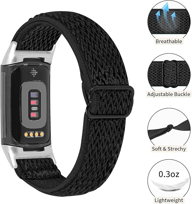 Lijinlan Nylon Band Compatible with Fitbit Charge 5 Advanced Fitness & Health Tracker, Elastic Woven Strap Stretchable Wristband Watch Bands Replacement for Charge 5 for Women Men
