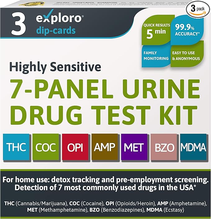 Exploro 7 Panel Drug Test Kit – at Home Urine Drug Test for THC, Cocaine, Opiates, Amphetamines, Benzodiazepines, MDMA & Methamphetamines – Easy & Accurate at Home Drug Testing Strips (Pack of 3)