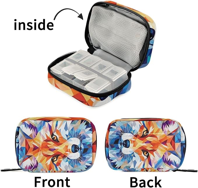 Pill Organizer Box Case Weekly Travel Pill Container Holder 7Day Cute Vitamin Organizer Dispenser Sorter Planner Storage Small Compact Fox Geometric11