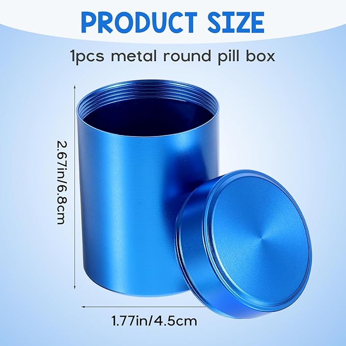 Portable Round Metal Pill Case, Aluminum Alloy Pill Holder, Waterproof Medicine Organizer for Travel, Outdoor, Vitamins, Fish Oils, Blue