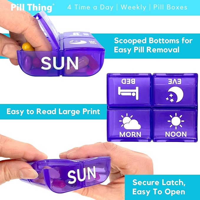 Large Weekly Pill Organizer 4 Times a Day – 7 Day Color-Coded Pill Boxes with Larger Compartments, Secure Snap-in Tray, BPA Free, Medical Alert Card Included (4X a Day - 1 Pack)