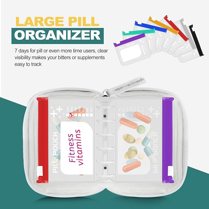 A7 Waterproof Pill Organizer with 7 PCS L Size Zippered Pill Pouches for A7 Binder, Large BPA-Free Weekly Medicine Organizer, Color-Coded Reusable Travel Pill Storage System