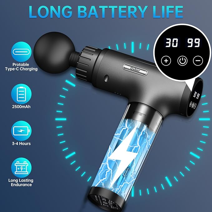 Massage Gun, Massage Gun Deep Tissue, Handheld Back Massager for Athletes, Percussion Muscle Massager with 6 Attachments & 30 Speed, Father's Day, Black (Grey)