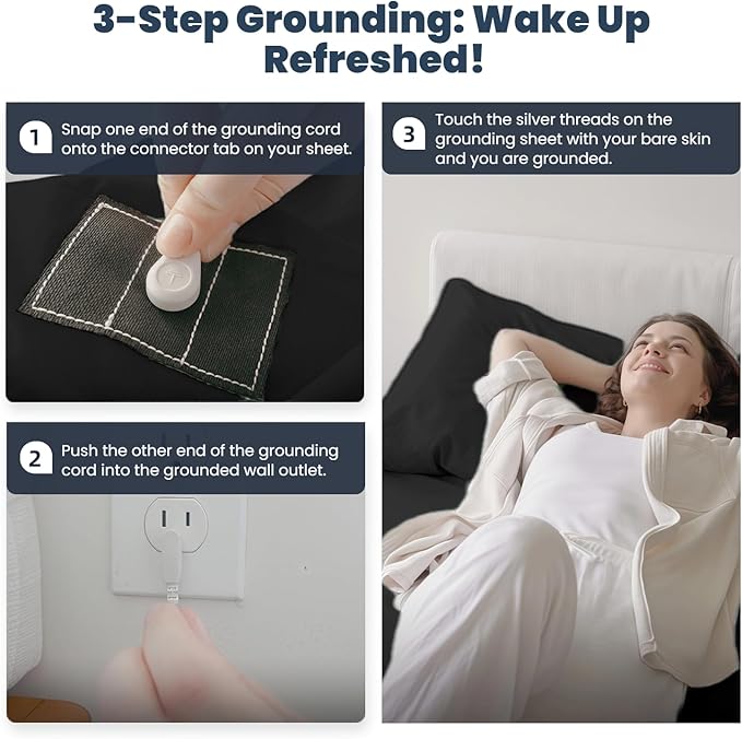 OKOHEY Grounding Fitted Sheets with 15ft Earthing Cord, Queen Size, 90% Organic Cotton + 10% Silver Fiber, Soft & Breathable Grounded Sheet for Better Sleep and Enhanced Wellness, Black