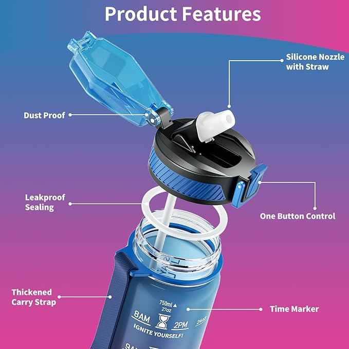 Water Bottle with Straw, 27oz Motivational Water Bottles with Time Marker to Drink, Tritan BPA Free, 750ml Sports Water Bottle with Carry Strap LeakProof for School Fitness Outdoor (1Pack)