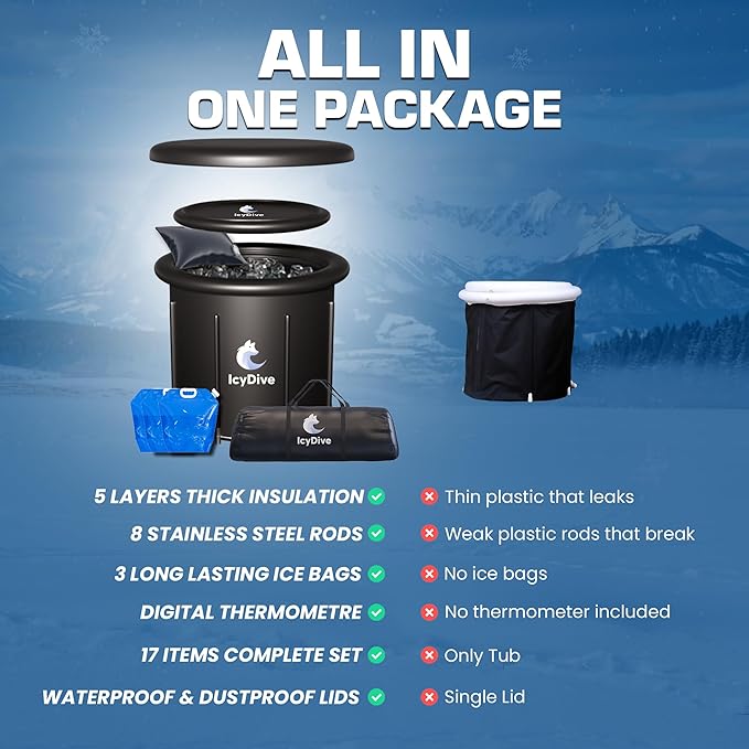 XL 105GL Cold Plunge Tub for Adults, 5-Layer Insulated Inflatable Ice Bath & Recovery Tub with Pump, Thermometer, 3 Reusable Ice Packs, Inflatable Lid & Drain, Indoor/Outdoor Athlete Bundle