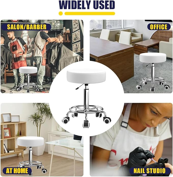 Rolling Stool With Heavy Weight Capacity 250lb, PU Leather Seat, Wheels and Footrest - Ultra Soft Padded, 360 Swivel for Spa, Drawing, Salon, Work, Office, Tattoo (White)