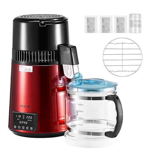 VEVOR 1750W Water Distiller, 0.4Gal/H Distilled Water Maker with Glass Carafe, 4L/1.1Gal Countertop Distiller Machine, 0-99H Time Temp Dual Display, Anti-dry Design 304 Stainless Steel Still, Wine Red