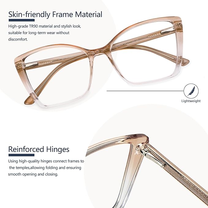 Blue Light Blocking Glasses for Women, Oversized Trendy Cat Eye Computer Gaming Glasses Anti Glare & UV Glare RF6204 (Clear Gradient Brown Cateye Frame)