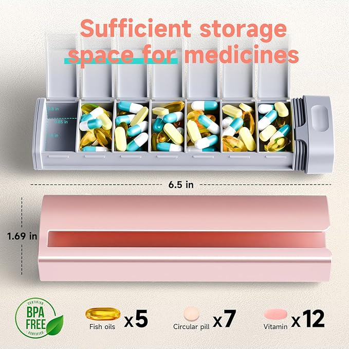Travel Pill Organizer Weekly, 1 Time a Day ，Upgrade Premium Aluminum Alloy Daily Pill Box 7 Day, Portable Metal Pill Case, Cute Pill Holder to Hold Vitamins, Medicines, Pills, Supplements (Pink)