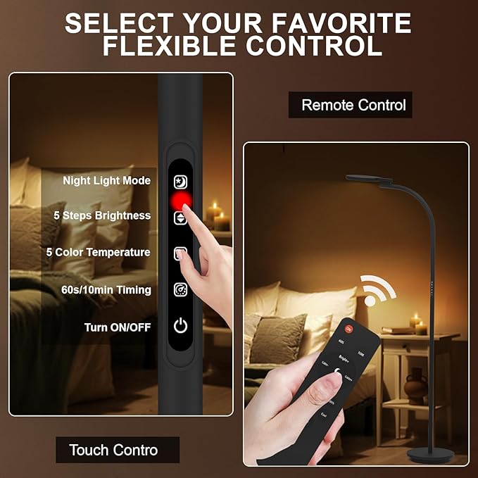 Light Therapy Lamp 10000 Lux UV-Free Sun Floor Lamp, 360° Gooseneck Happy Lamp with 5 Colors & 5 Brightness Levels & Remote Control + Touch Dual Control (Black)