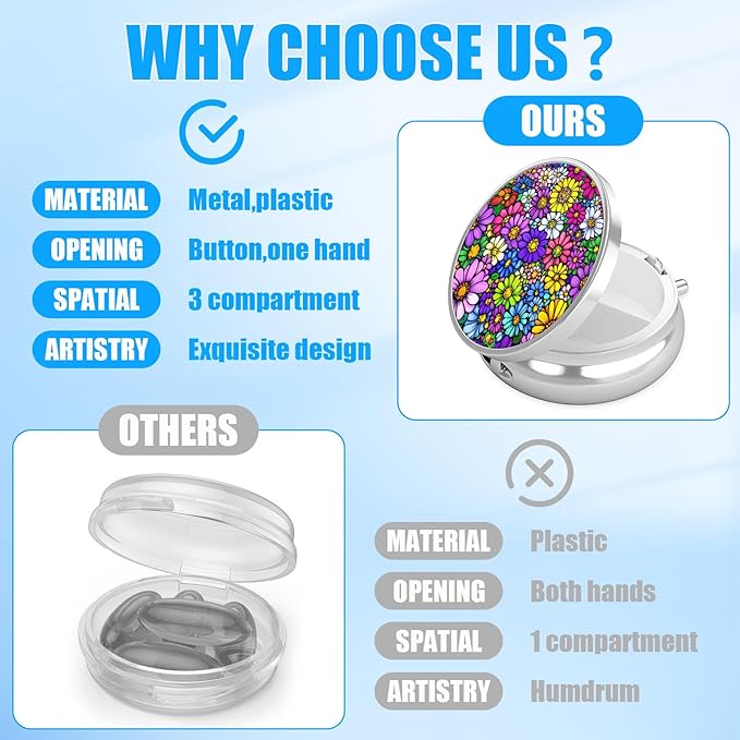 Colorful Daisy Flower Pill Case, Pill Box 3 Compartments Metal Small Pill Holder with Mirror Mini Travel Pill Container for Purse Pocket Women Men