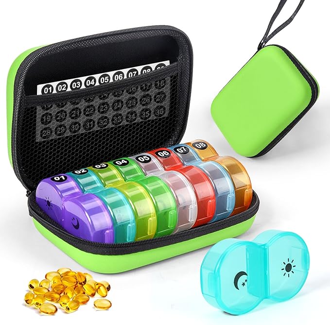Weekly Pill Organizer Box 2 Times a Day, Pill Box AM PM with 8 Daily Pocket Case, Travel Pill Box with Portable Hard Case, Handy Medicine Box 7 Day Holds Vitamin, Cod Liver Oil & Supplement