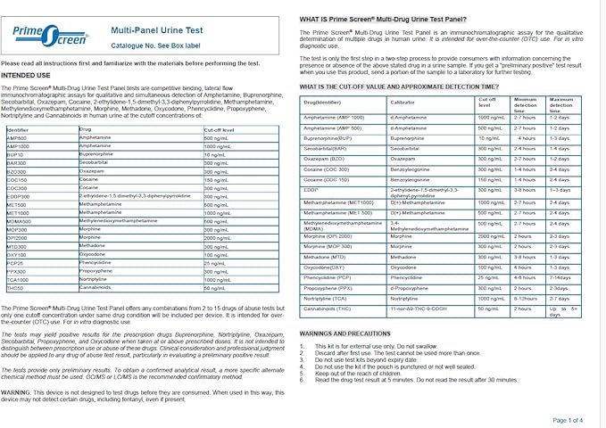 [5 Pack] Prime Screen 12 Panel Urine Test (AMP,BAR,BZO,COC,mAMP,MDMA,MOP/OPI 300,MTD,OXY,PCP,TCA,THC) - WDOA-7125