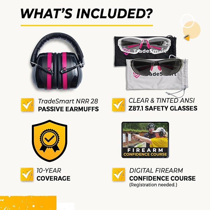 TradeSmart High-Performance Earmuffs for Shooting Range & Shooting Eye Protection Glasses + Firearm Confidence Course