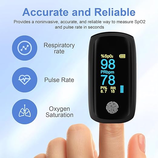 Rechargeable pulse oximeter with respiration, with O2 Pulse Rate PI RR Respiratory Accurate Reliable Oximeter SpO2 Reading Not for medical use Black