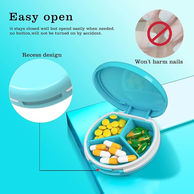 Serfeymi Small Pill Box - 3 Compartments Portable Pill Box for Purse Pocket, Compact Mini Travel Pill Case - Suitable for Medicine, Vitamin, Fish Oil, Supplements - Light Blue(Beach)